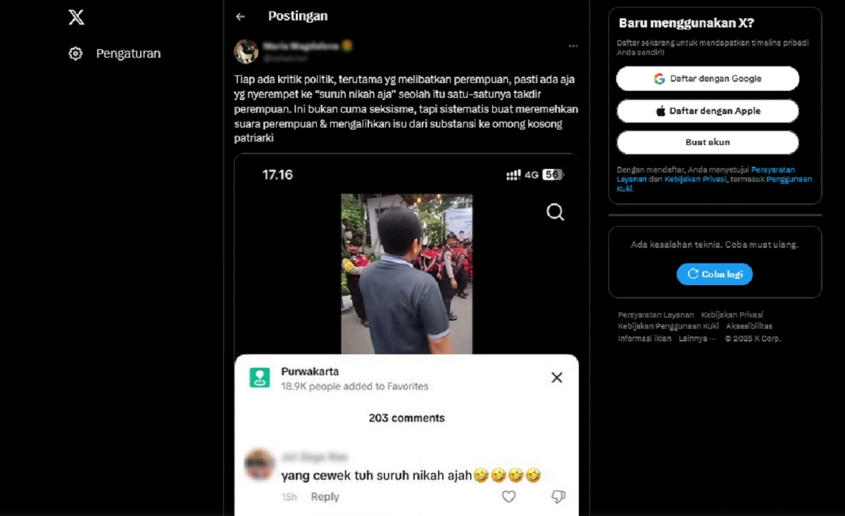 Unggahan netizen di X (Twitter) yang menyoroti bias gender dan seksisme yang masih mengakar dalam masyarakat (Foto: Tangkapan layar akun X)