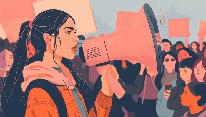 Suara yang Dibungkam: Kisah Shela dan Komentar Seksis Pasca Aksi ‘Indonesia Gelap’ di Purwakarta Ilustrasi seorang aktivis perempuan menyuarakan aspirasinya di ruang publik (Foto: Freepik)