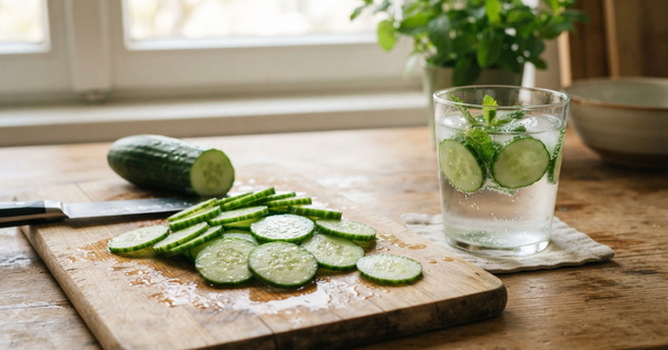 Rahasia Kesehatan Mentimun: 6 Manfaat Luar Biasa, Cara Konsumsi, dan Tips Olahan Sehat Irisan mentimun segar dan infused water kaya nutrisi untuk pola makan sehat