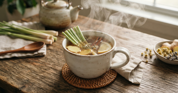 Kaya Antioksidan! Simak 7 Manfaat Rebusan Serai sebagai Anti-Bakteri Alami Secangkir teh herbal hangat dengan irisan daun serai segar