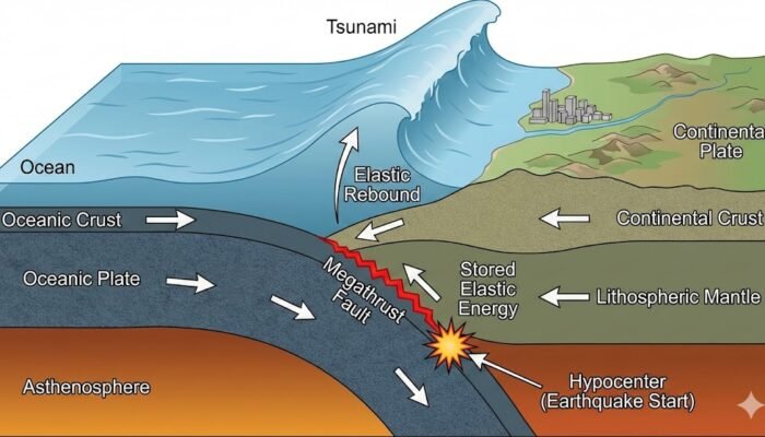 Gempa megathrust adalah jenis gempa bumi yang terjadi di zona subduksi di mana lempeng tektonik yang lebih padat (biasanya lempeng samudra) menyusup ke bawah lempeng yang lebih ringan (biasanya lempeng benua). Foto: Istimewa